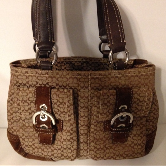 Coach front pocket c brown tote suede leather trim - Picture 1 of 8